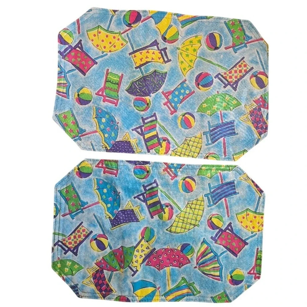 Set of 2 Vintage‎ Beach Theme Fabric Placemats Summer Umbrella Chair Novelty